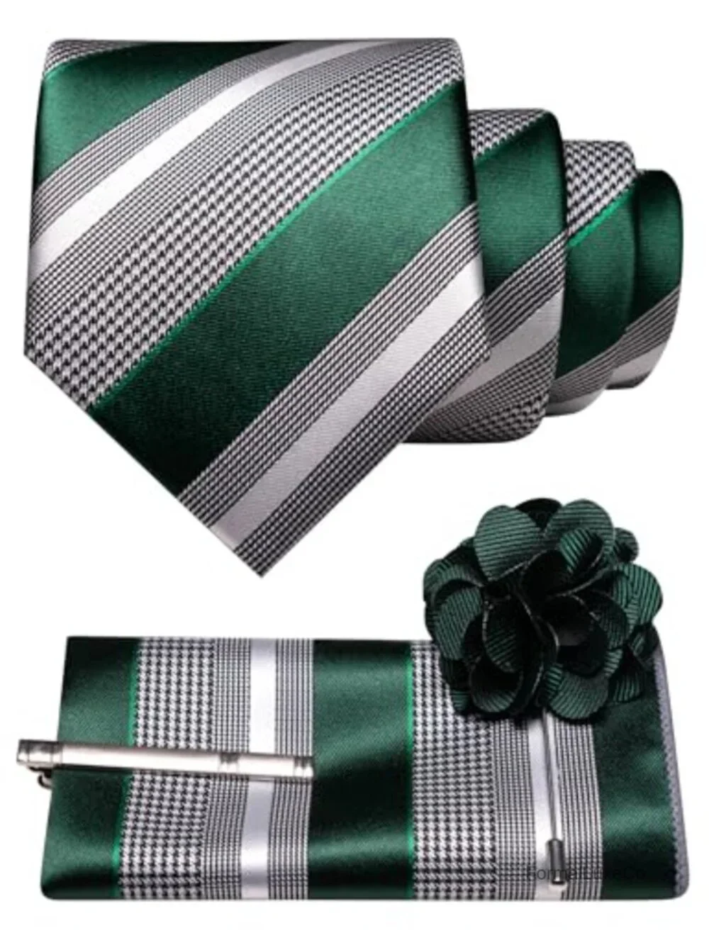 Men's Silk Blend Striped Tie Set with Pocket Square, Lapel Pin & Tie Clip - 4